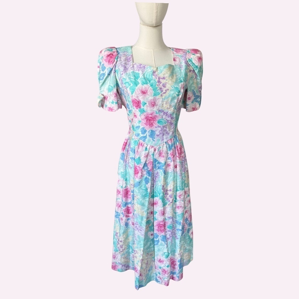 Vintage Lanz Cottagecore Midi Cotton Dropwaist Fit and Flare Dress Bow Sleeves